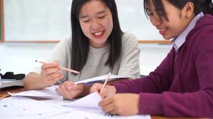 Wall Mural - two asian students laughing doing project homework design website on storyboard together successful 