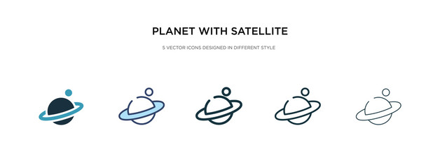 planet with satellite icon in different style vector illustration. two colored and black planet with satellite vector icons designed in filled, outline, line and stroke style can be used for web,