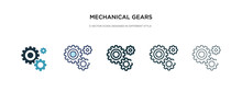 Mechanical Gears Icon In Different Style Vector Illustration. Two Colored And Black Mechanical Gears Vector Icons Designed In Filled, Outline, Line And Stroke Style Can Be Used For Web, Mobile, Ui