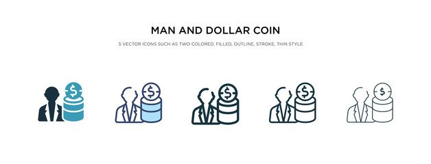 man and dollar coin icon in different style vector illustration. two colored and black man and dollar coin vector icons designed in filled, outline, line stroke style can be used for web, mobile, ui