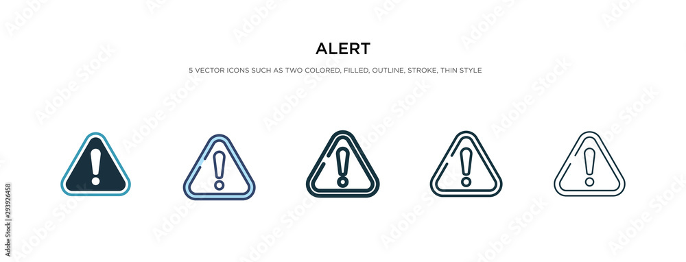 alert icon in different style vector illustration. two colored and black alert vector icons designed in filled, outline, line and stroke style can be used for web, mobile, ui - obrazy, fototapety, plakaty 