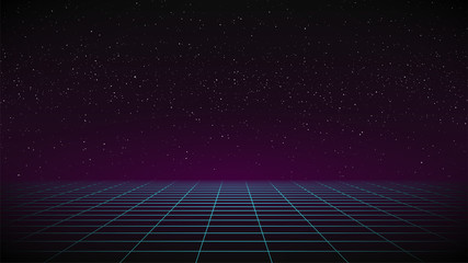 Wall Mural - synthwave background. dark retro futuristic backdrop with blue perspective grid. purple glow in dist