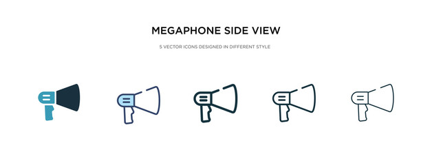 megaphone side view icon in different style vector illustration. two colored and black megaphone side view vector icons designed in filled, outline, line and stroke style can be used for web,