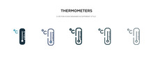 Thermometers Icon In Different Style Vector Illustration. Two Colored And Black Thermometers Vector Icons Designed In Filled, Outline, Line And Stroke Style Can Be Used For Web, Mobile, Ui