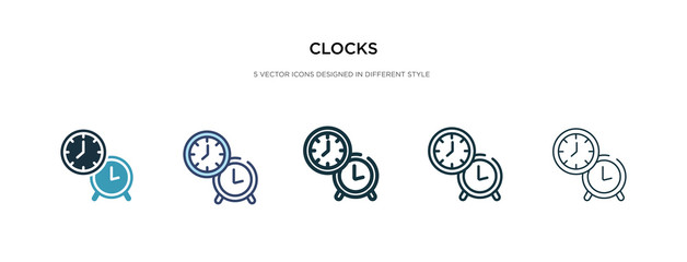 clocks icon in different style vector illustration. two colored and black clocks vector icons designed in filled, outline, line and stroke style can be used for web, mobile, ui