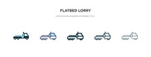 Flatbed Lorry Icon In Different Style Vector Illustration. Two Colored And Black Flatbed Lorry Vector Icons Designed In Filled, Outline, Line And Stroke Style Can Be Used For Web, Mobile, Ui