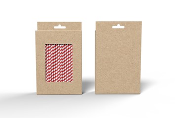 Wall Mural - Hanging blank straw packaging box with hang tab box for mock up and presentation. 3d render illustration.