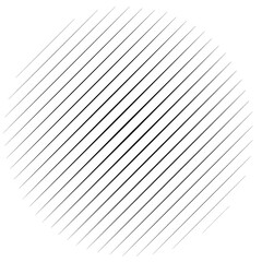 Diagonal, oblique lines abstract geometric circle. Slanting, slope lines halftone circle. Radial, circular skew, tilt parallel straight stripes (Thin lines version)