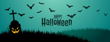 Spooky And Scary Halloween Banner With Flying Bats