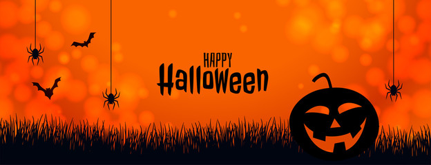 orange halloween banner with pumpkin spider and bats