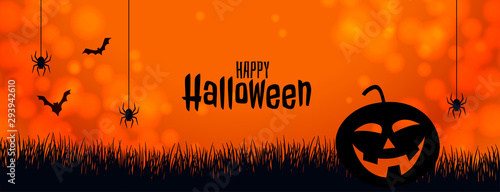 Cuadros en Lienzo orange halloween banner with pumpkin spider and bats