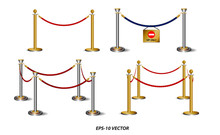 Set Of Golden Barricade Or Stand Barrier Rope Isolated. Easy To Modify