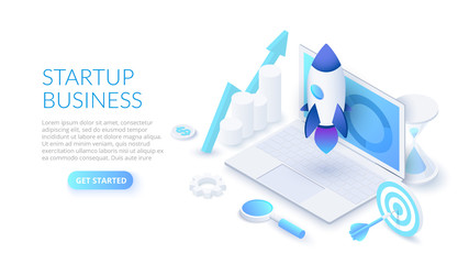 Poster - Startup business design concept with rocket, laptop and hourglass. Isometric vector illustration. Landing page template for web.