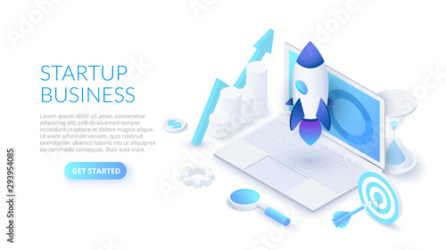 Cuadros en Lienzo Startup business design concept with rocket, laptop and hourglass