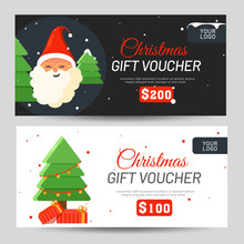 Christmas Gift Voucher With Best Discount Value, Santa Claus And Xmas Tree For Festival Celebration.