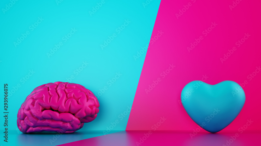 Comparison between reason and feeling. Brain and heart on a two tone background. 3D Rendering - obrazy, fototapety, plakaty 