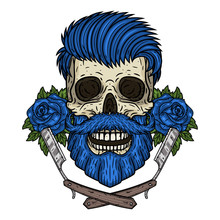 Barber Skull. Hipster Skull With Barber Blade And Roses. Illustration For Barbershop.