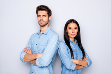 Poster - Close-up portrait of his he her she nice attractive lovely calm content couple partners leaders wearing casual folded arms making decision isolated over light white pastel color background