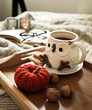 Cup of tea and cookies in lifestyle autumnal cosy scenery