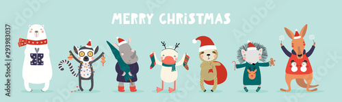 Hand drawn card with cute animals in Santa Claus hats, tree, gifts, ornaments...