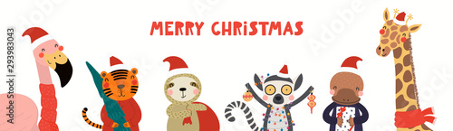 Hand drawn card, banner with cute animals in Santa Claus hats, mufflers, tree...
