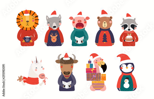 Big Christmas set with cute animals in Santa Claus hats, ugly sweaters. Isola...