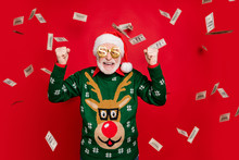 Portrait Of Funny Funky Crazy Grey White Hair Bearded Old Man Win Lottery Got X-mas Income Money Fly Fall Screaming Yeah Wear Style Antler Decor Design Ornament Isolated Over Red Color Background