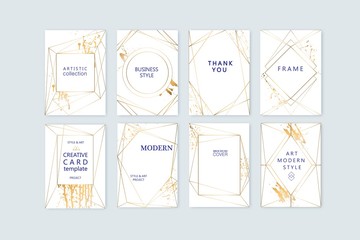 Wall Mural - Modern card design. Hand drawn splatters. Gold, white brochure, flyer, invitation template. Business identity style. Geometric shape. Vector.