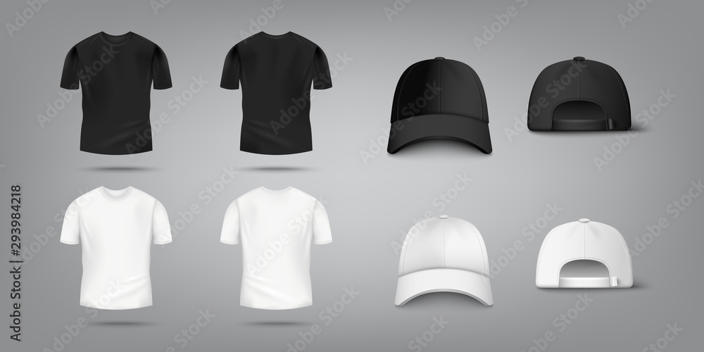 T shirt and baseball cap mockup set in black and white color - obrazy, fototapety, plakaty 