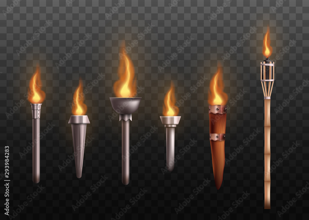 Realistic medieval torch set with burning fire, ancient metal and wooden torches - obrazy, fototapety, plakaty 
