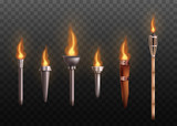 Fototapeta  - Realistic medieval torch set with burning fire, ancient metal and wooden torches