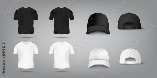 Cuadros en Lienzo T shirt and baseball cap mockup set in black and white color