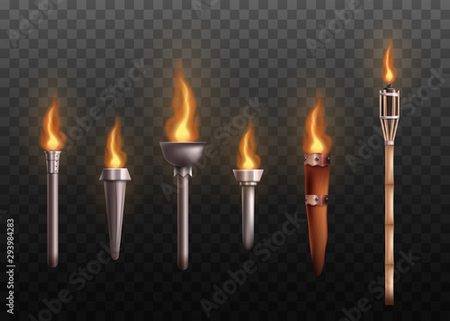 Fotografía Realistic medieval torch set with burning fire, ancient metal and wooden torches