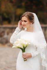 Wall Mural - Beautiful bride in elegant wedding dress stand in the park and hold a bouquet of flowers. Portrait of charming lady