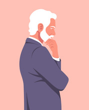 Portrait Of A Pensive Man In Profile. An Elderly Businessman Is Meditating. Problems In Business. Vector Flat Illustration