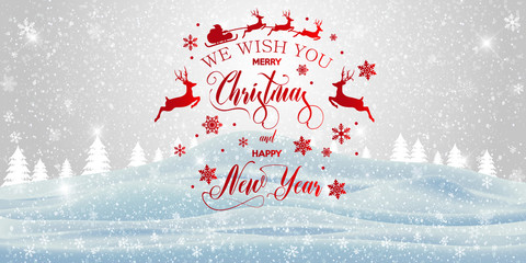 Wall Mural - Merry Christmas and happy New Year inscription decorated with red snowflakes and santa claus on the winter background. Vector illustration.