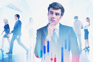 Wall Mural - Business leader and team in city, forex charts