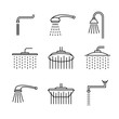 Shower head type icons set. Outline style different shower symbols. Douche shapes. Adjustable line width.