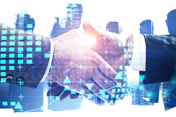handshake in city, hi tech startup concept