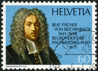 SWITZERLAND - 1975: shows Beat Fischer von Reichenbach (1641-1698), Fischer Post, Bern, tercentenary, 1975