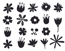 Silhouettes Of Flowers In A Geometric Style. Black Objects Isolated On White Background.
