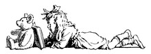 Girl Laying On Stomach & Reading A Book, Relax, Vintage Engraving.