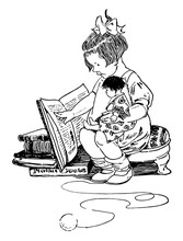 Girl Reading Book & Holding Doll, Toys,  Vintage Engraving.