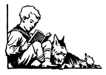 Young Boy Sitting With Dog Reading, Grass,  Vintage Engraving.