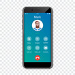 Smartphone call app interface template on a transparent background. Incoming call concept. Vector illustration