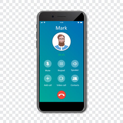 Poster - Smartphone call app interface template on a transparent background. Incoming call concept. Vector illustration