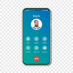 Poster - Smartphone call app interface template on a transparent background. Incoming call concept. Vector illustration