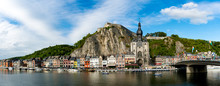 Panorama View Of The Small Town Of Dinant On The Maas River With The Historic Citadel And Cathedral On The River Front