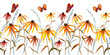Seamless border from abstract rudbeckia flowers, grass and butterflies. Floral watercolor print for fabric and other designs on a white background.