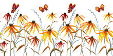 Seamless Border From Abstract Rudbeckia Flowers, Grass And Butterflies. Floral Watercolor Print For Fabric And Other Designs On A White Background.